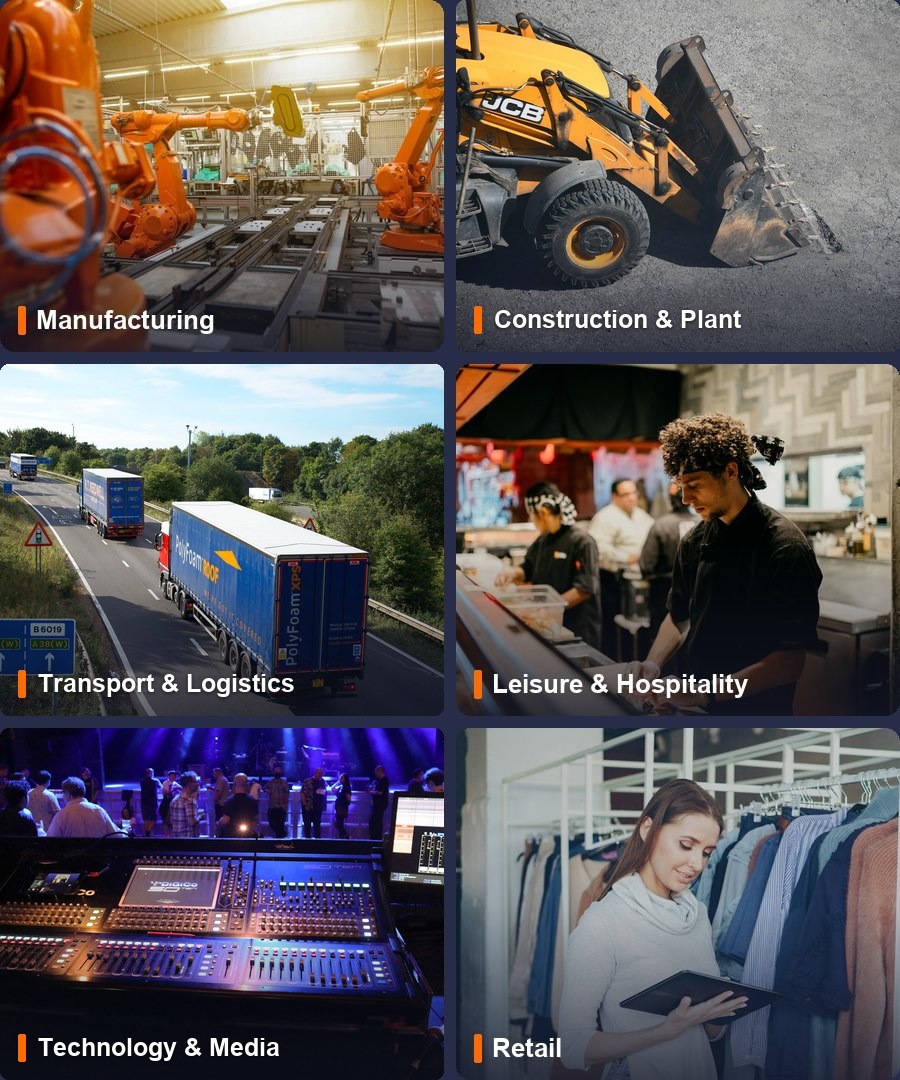 Businesses we help fund: manufacturing, construction and plant, transport and logistics, leisure and hospitality, technology and media, and retail